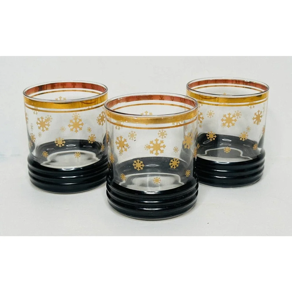 Vtg 3 MCM Rocks Old‎ Fashioned Whiskey Glasses Gold Snowflakes Rim Atomic Bottom